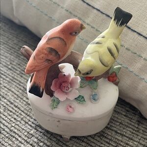 Lefton Porcelain Bird Trinket Box - Pink and Yellow Decorative Keepsake